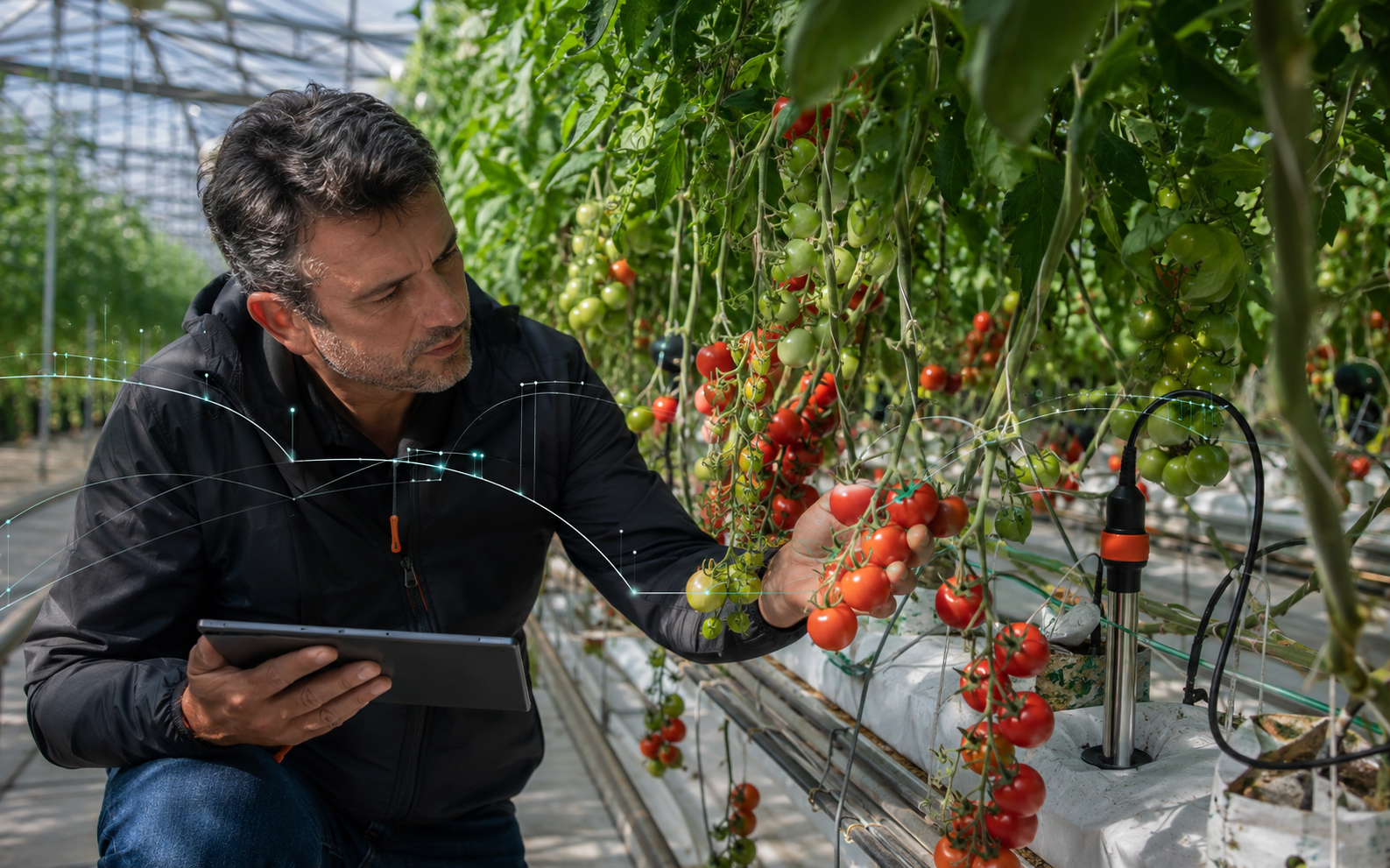 Agronomist evaluating tomato crop load and root-zone data in a commercial greenhouse